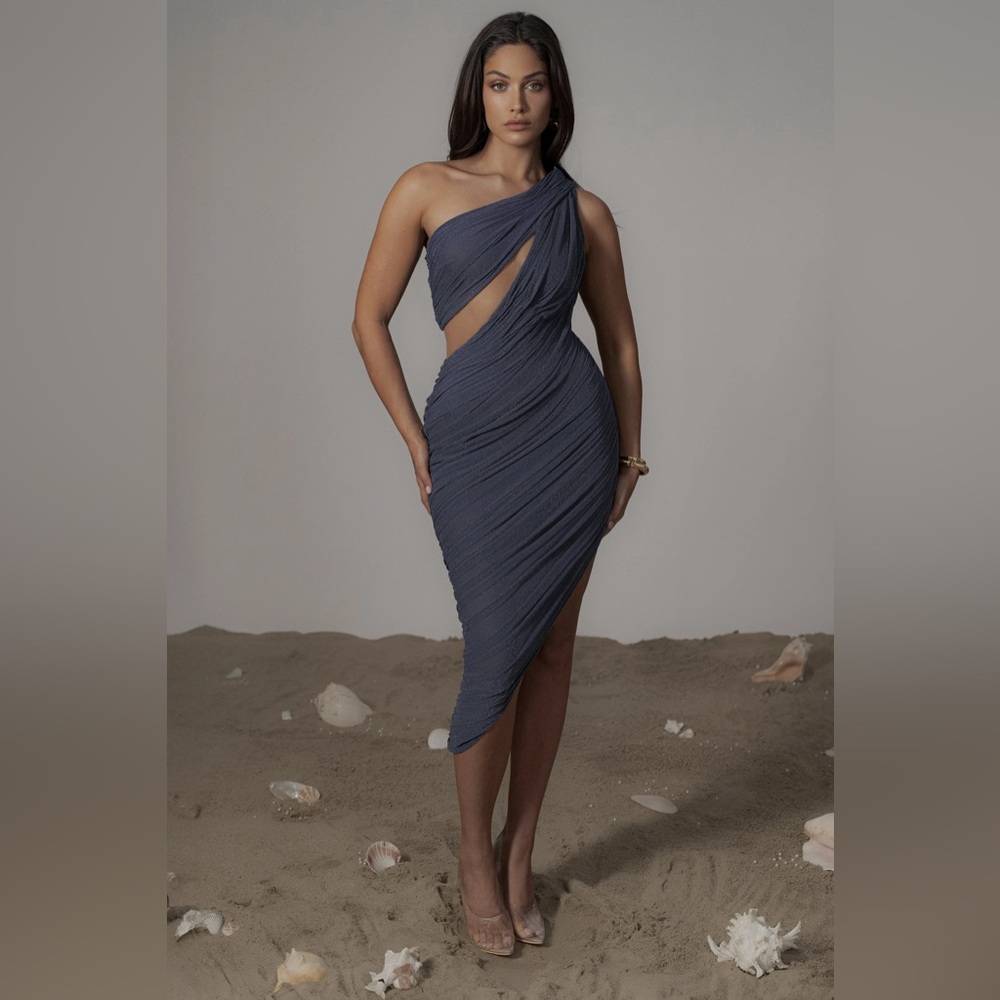 JLUXLABEL Midnight Blue Aura Shimmer Midi Dress with Sheer Cut Out